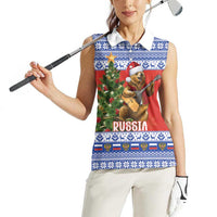 Russia Christmas Women Sleeveless Polo Shirt Brown Bear Playing Balalaika - Wonder Print Shop