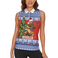Russia Christmas Women Sleeveless Polo Shirt Brown Bear Playing Balalaika - Wonder Print Shop