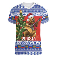 Russia Christmas Women V-Neck T-Shirt Brown Bear Playing Balalaika - Wonder Print Shop