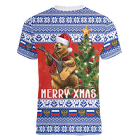 Russia Christmas Women V-Neck T-Shirt Brown Bear Playing Balalaika - Wonder Print Shop