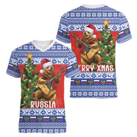 Russia Christmas Women V-Neck T-Shirt Brown Bear Playing Balalaika - Wonder Print Shop