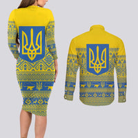 Ukraine Trident Christmas Couples Matching Long Sleeve Bodycon Dress and Long Sleeve Button Shirt Vyshyvanka Patterns - Wonder Print Shop