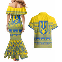 Ukraine Trident Christmas Couples Matching Mermaid Dress and Hawaiian Shirt Vyshyvanka Patterns - Wonder Print Shop