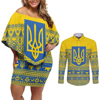 Ukraine Trident Christmas Couples Matching Off Shoulder Short Dress and Long Sleeve Button Shirt Vyshyvanka Patterns - Wonder Print Shop