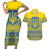 Ukraine Trident Christmas Couples Matching Short Sleeve Bodycon Dress and Hawaiian Shirt Vyshyvanka Patterns - Wonder Print Shop