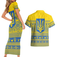 Ukraine Trident Christmas Couples Matching Short Sleeve Bodycon Dress and Hawaiian Shirt Vyshyvanka Patterns - Wonder Print Shop