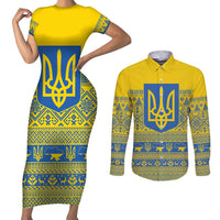 Ukraine Trident Christmas Couples Matching Short Sleeve Bodycon Dress and Long Sleeve Button Shirt Vyshyvanka Patterns - Wonder Print Shop