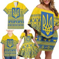 Ukraine Trident Christmas Family Matching Off Shoulder Short Dress and Hawaiian Shirt Vyshyvanka Patterns - Wonder Print Shop