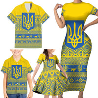 Ukraine Trident Christmas Family Matching Short Sleeve Bodycon Dress and Hawaiian Shirt Vyshyvanka Patterns - Wonder Print Shop