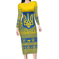 Ukraine Trident Christmas Long Sleeve Bodycon Dress Vyshyvanka Patterns - Wonder Print Shop