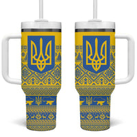 Ukraine Trident Christmas Tumbler With Handle Vyshyvanka Patterns - Wonder Print Shop