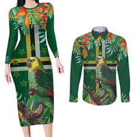 Dominica Sisserou Parrot Couples Matching Long Sleeve Bodycon Dress and Long Sleeve Button Shirt Tropical Flower Flag Style - Wonder Print Shop