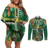 Dominica Sisserou Parrot Couples Matching Off Shoulder Short Dress and Long Sleeve Button Shirt Tropical Flower Flag Style - Wonder Print Shop