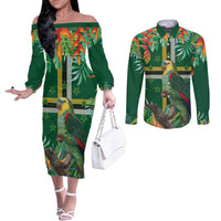 Dominica Sisserou Parrot Couples Matching Off The Shoulder Long Sleeve Dress and Long Sleeve Button Shirt Tropical Flower Flag Style - Wonder Print Shop