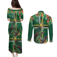 Dominica Sisserou Parrot Couples Matching Puletasi and Long Sleeve Button Shirt Tropical Flower Flag Style - Wonder Print Shop