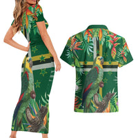 Dominica Sisserou Parrot Couples Matching Short Sleeve Bodycon Dress and Hawaiian Shirt Tropical Flower Flag Style - Wonder Print Shop