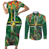 Dominica Sisserou Parrot Couples Matching Short Sleeve Bodycon Dress and Long Sleeve Button Shirt Tropical Flower Flag Style - Wonder Print Shop