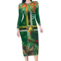 Dominica Sisserou Parrot Family Matching Long Sleeve Bodycon Dress and Hawaiian Shirt Tropical Flower Flag Style - Wonder Print Shop