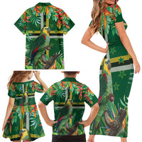 Dominica Sisserou Parrot Family Matching Short Sleeve Bodycon Dress and Hawaiian Shirt Tropical Flower Flag Style - Wonder Print Shop