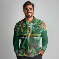 Dominica Sisserou Parrot Long Sleeve Polo Shirt Tropical Flower Flag Style - Wonder Print Shop