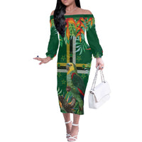 Dominica Sisserou Parrot Off The Shoulder Long Sleeve Dress Tropical Flower Flag Style - Wonder Print Shop