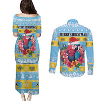 Saint Lucia Christmas Couples Matching Puletasi and Long Sleeve Button Shirt Saint Lucian Parrot With Hibiscus Flowers - Wonder Print Shop