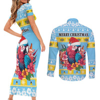 Saint Lucia Christmas Couples Matching Short Sleeve Bodycon Dress and Long Sleeve Button Shirt Saint Lucian Parrot With Hibiscus Flowers - Wonder Print Shop