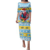 Saint Lucia Christmas Family Matching Puletasi and Hawaiian Shirt Saint Lucian Parrot With Hibiscus Flowers - Wonder Print Shop