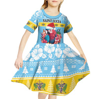 Saint Lucia Christmas Kid Short Sleeve Dress Saint Lucian Parrot With Hibiscus Flowers - Wonder Print Shop