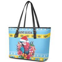 Saint Lucia Christmas Leather Tote Bag Saint Lucian Parrot With Hibiscus Flowers - Wonder Print Shop