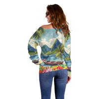 Pitons Saint Lucia Off Shoulder Sweater Hibiscus Flowers - Wonder Print Shop