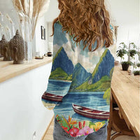 Pitons Saint Lucia Women Casual Shirt Hibiscus Flowers - Wonder Print Shop