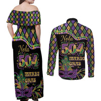 Mardi Gras 504 Nola New Orleans Couples Matching Off Shoulder Maxi Dress and Long Sleeve Button Shirt Mask Up Beads Out - Wonder Print Shop