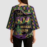 Mardi Gras 504 Nola New Orleans Kimono Sleeve Blouse Mask Up Beads Out - Wonder Print Shop