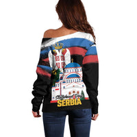 Serbia Statehood Day Off Shoulder Sweater Saint Sava with Serbian Eagle