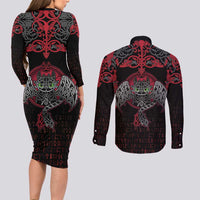 Black Dragon Vikings Couples Matching Long Sleeve Bodycon Dress and Long Sleeve Button Shirt - Wonder Print Shop