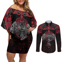 Black Dragon Vikings Couples Matching Off Shoulder Short Dress and Long Sleeve Button Shirt - Wonder Print Shop