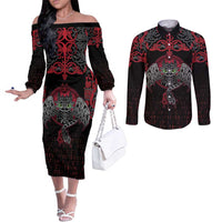 Black Dragon Vikings Couples Matching Off The Shoulder Long Sleeve Dress and Long Sleeve Button Shirt - Wonder Print Shop
