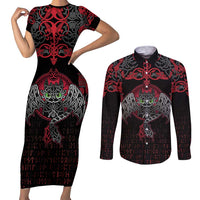 Black Dragon Vikings Couples Matching Short Sleeve Bodycon Dress and Long Sleeve Button Shirt - Wonder Print Shop