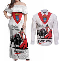 Personalized San Fermin Festival Couples Matching Off Shoulder Maxi Dress and Long Sleeve Button Shirt Pamplona Bull Run - Wonder Print Shop