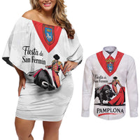 Personalized San Fermin Festival Couples Matching Off Shoulder Short Dress and Long Sleeve Button Shirt Pamplona Bull Run - Wonder Print Shop