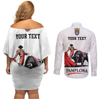 Personalized San Fermin Festival Couples Matching Off Shoulder Short Dress and Long Sleeve Button Shirt Pamplona Bull Run - Wonder Print Shop