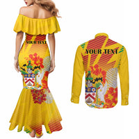 Personalized Saint Kitts and Nevis Poinciana Flowers Couples Matching Mermaid Dress and Long Sleeve Button Shirt With Coat Of Arms