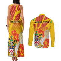 Personalized Saint Kitts and Nevis Poinciana Flowers Couples Matching Tank Maxi Dress and Long Sleeve Button Shirt With Coat Of Arms - Wonder Print Shop