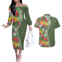 Africa Tropical Flowers Couples Matching Off The Shoulder Long Sleeve Dress and Hawaiian Shirt Green Version - Wonder Print Shop