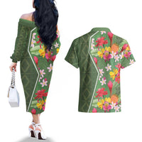 Africa Tropical Flowers Couples Matching Off The Shoulder Long Sleeve Dress and Hawaiian Shirt Green Version - Wonder Print Shop