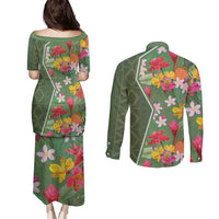 Africa Tropical Flowers Couples Matching Puletasi and Long Sleeve Button Shirt Green Version - Wonder Print Shop