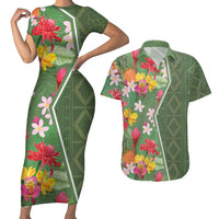 Africa Tropical Flowers Couples Matching Short Sleeve Bodycon Dress and Hawaiian Shirt Green Version - Wonder Print Shop