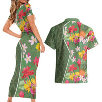 Africa Tropical Flowers Couples Matching Short Sleeve Bodycon Dress and Hawaiian Shirt Green Version - Wonder Print Shop