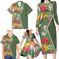 Africa Tropical Flowers Family Matching Long Sleeve Bodycon Dress and Hawaiian Shirt Green Version - Wonder Print Shop